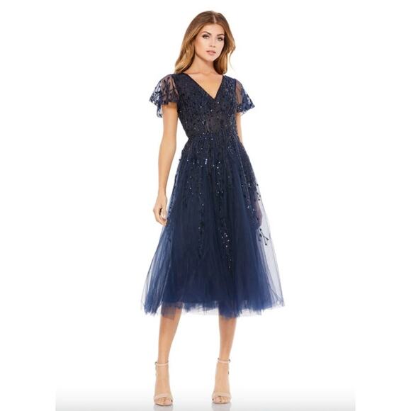 Mac Duggal Dresses & Skirts - MAC DUGGAL Dress Size 12 Evening Gown Sequin Midi Navy Blue Lace Fit Flare